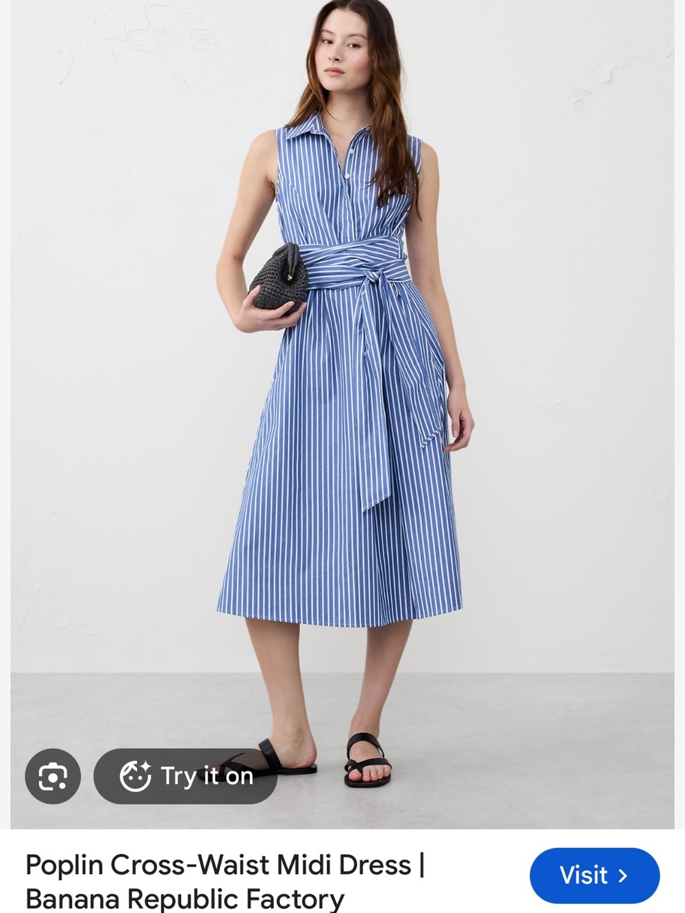 Banana Republic Factory Blue and White Striped Poplin Tie-Waist Midi Dress
